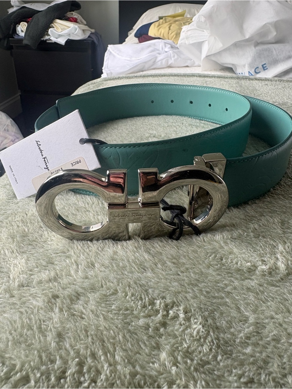 Salvatore Ferragamo Teal Leather Gancini Belt with Silver Buckle